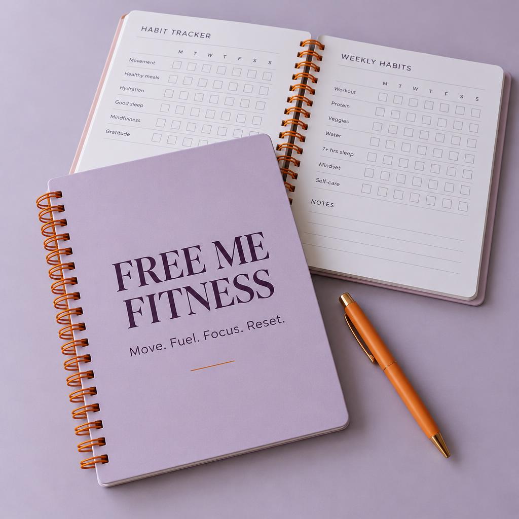 Free Me Fitness notebook with Move, Fuel, Focus, Reset cover and habit tracking pages